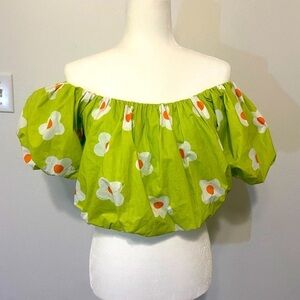 Easel women's medium bright green daisy print billowing crop top NWT